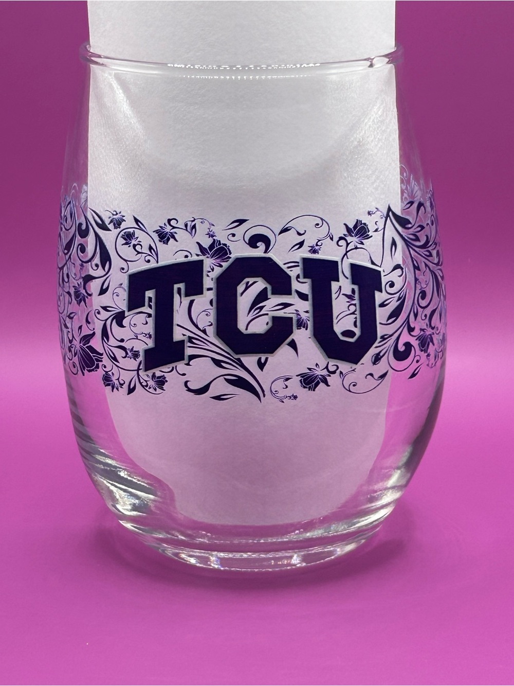 TCU Stemless Wine Glass Purple Floral Texas College Nostalgia